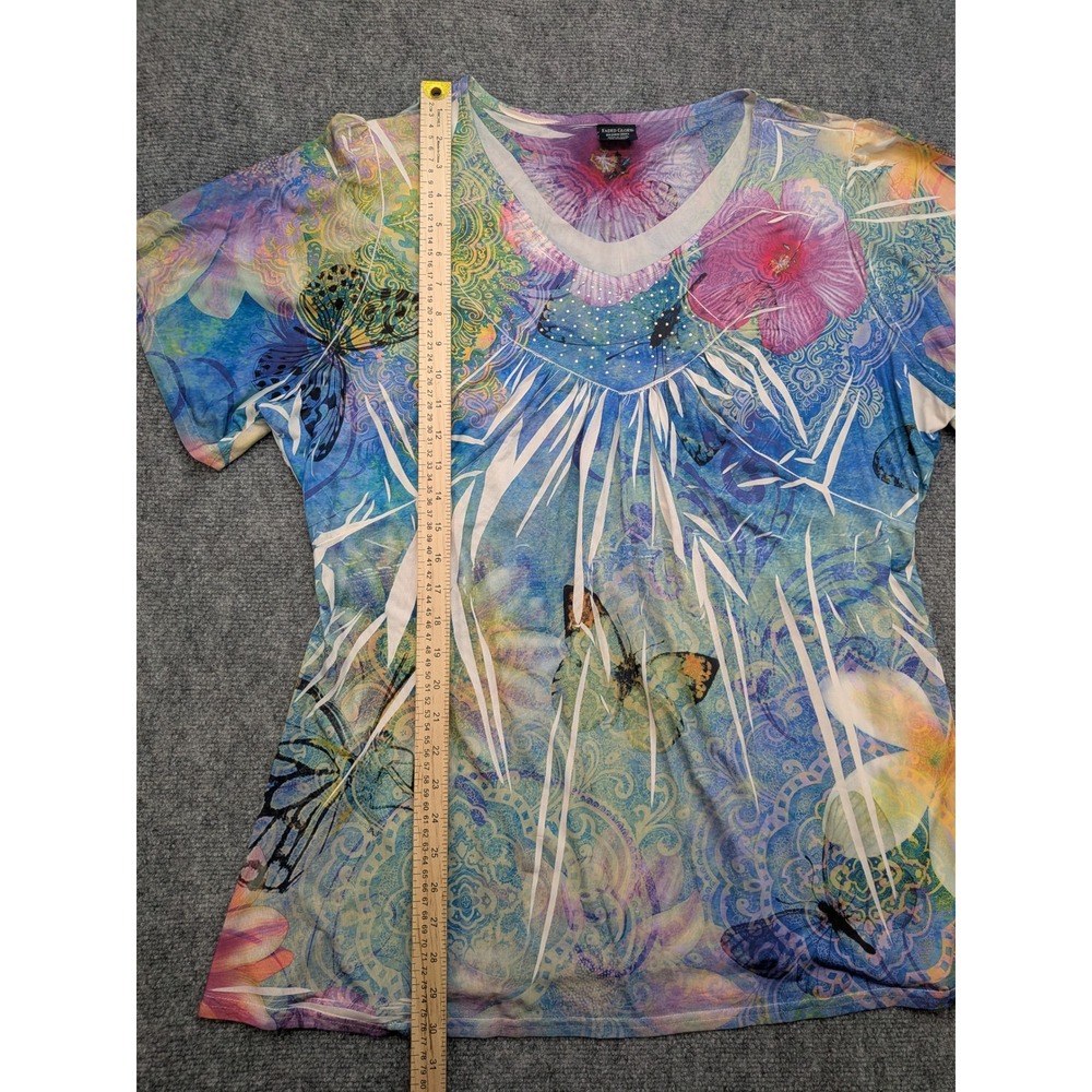 y2k Faded Glory‎ Womens 2X Floral Butterfly Print V Neck Top Rhinestone Colorful - Picture 2 of 7